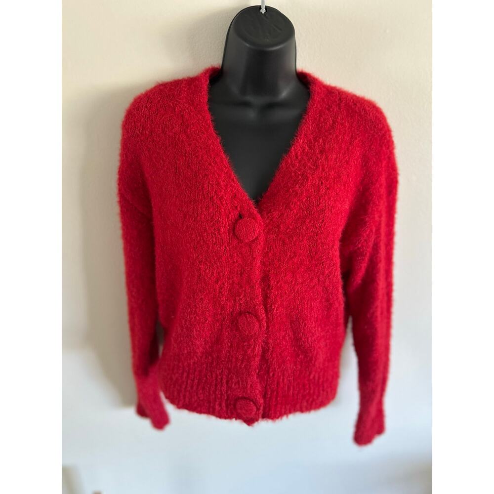 All In Favor Red Fuzzy Button Front Cardigan Sweater Small